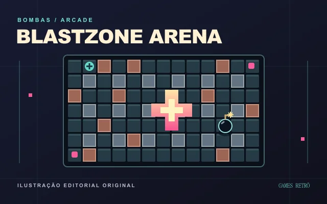 Ilustração editorial original de uma arena geométrica com blocos, uma bomba e faíscas para BlastZone Arena