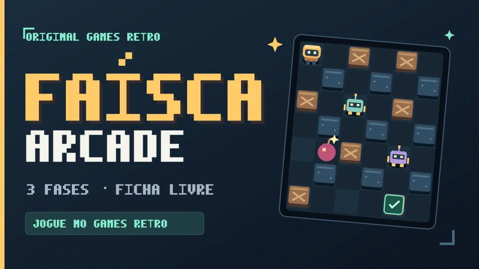 Capa ilustrada de Faísca Arcade, jogo original de arenas com bombas da Custom Mind para o Games Retrô